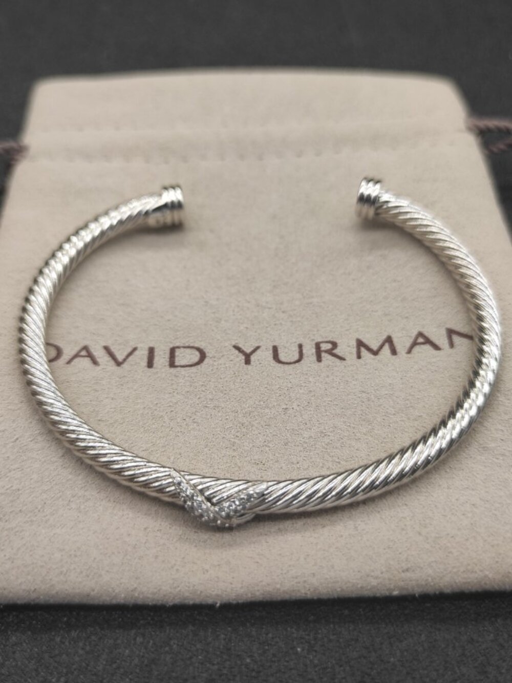 David Yurman Silver Pavé Diamond V-Crossover Cable Cuff Bracelet